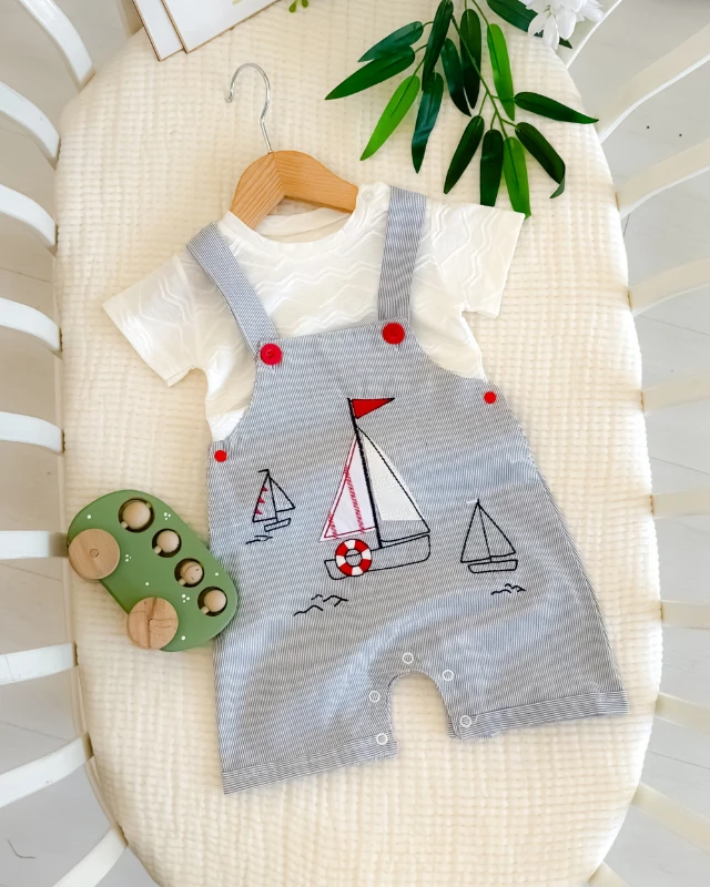 Yelkenli nakışlı yazlık erkek salopet takım