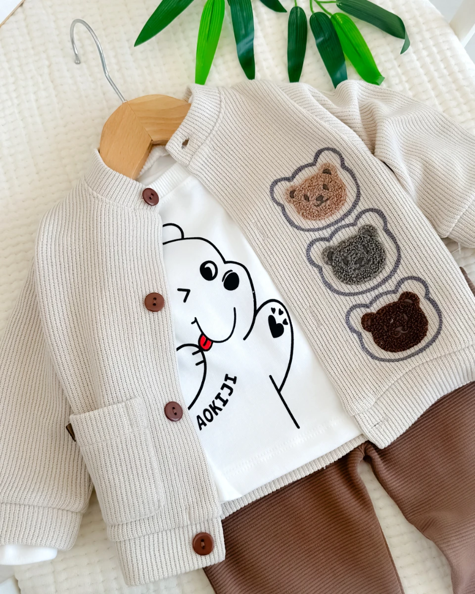 3 Ayıcık nakışlı triko hırkalı mevsimlik 3lü bebe takım
