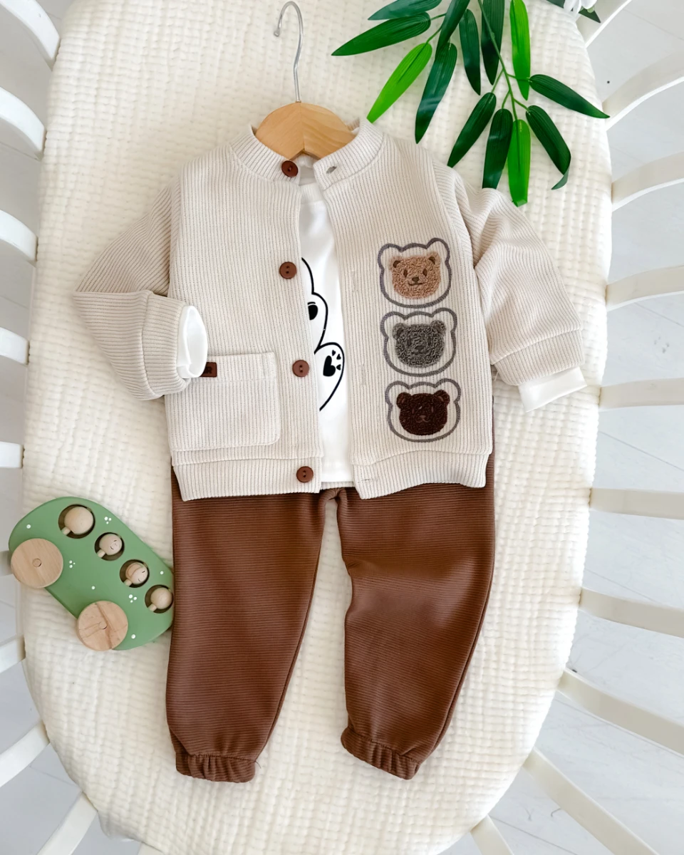 3 Ayıcık nakışlı triko hırkalı mevsimlik 3lü bebe takım