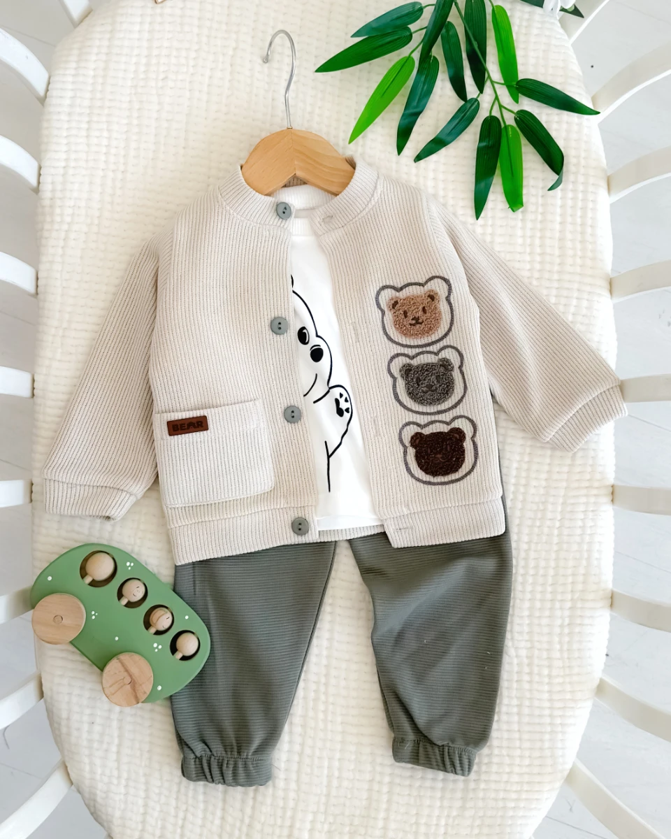 3 Ayıcık nakışlı triko hırkalı mevsimlik 3lü bebe takım