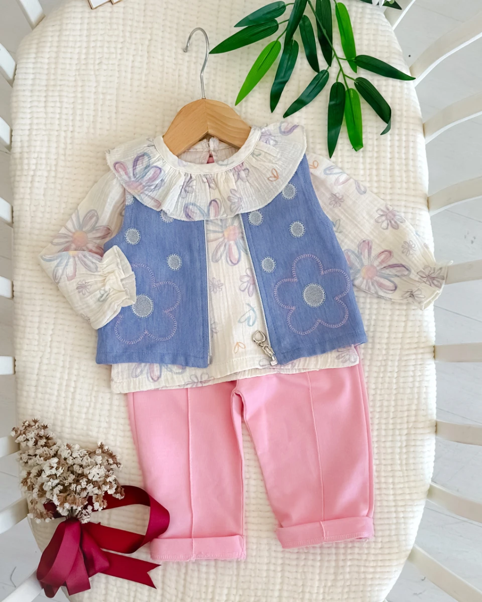Papatya nakış kot yelekli premium mevsimlik kız bebe takım