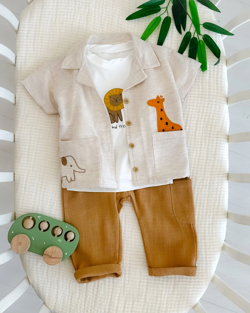 Aslan fil zürafa gömlekli yazlık 3lü erkek bebe takım