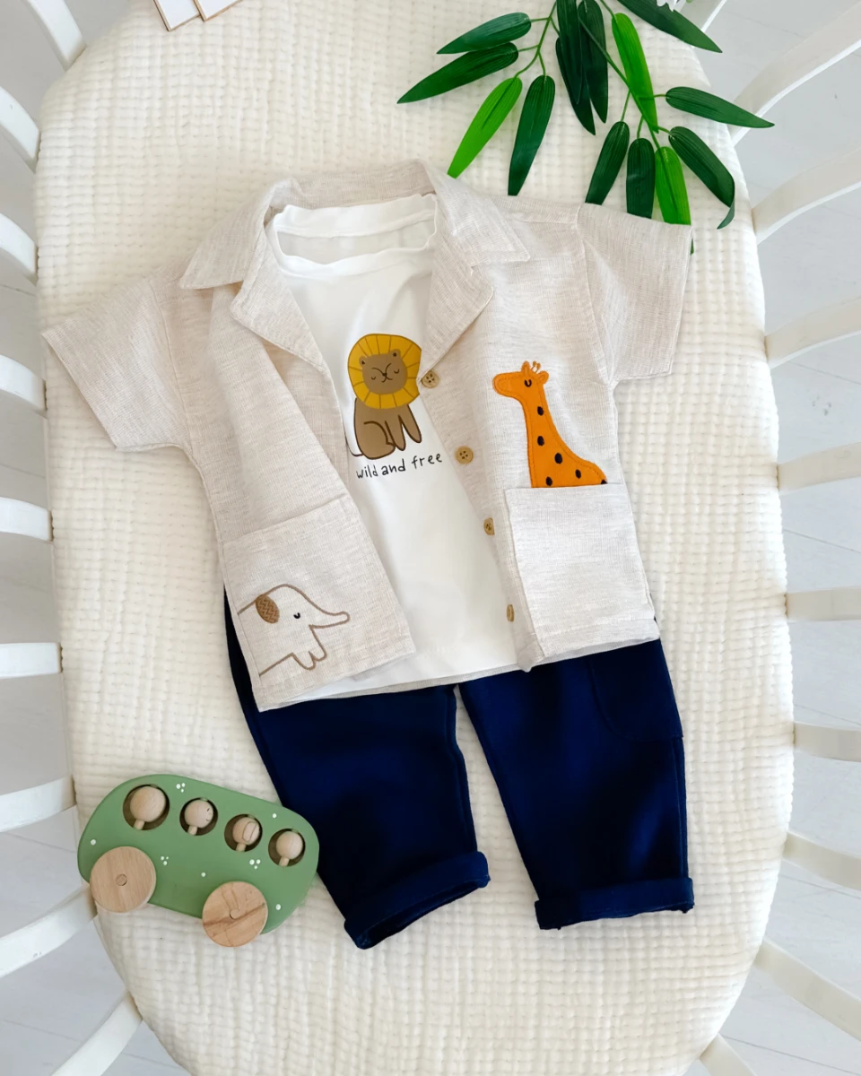 Aslan fil zürafa gömlekli yazlık 3lü erkek bebe takım