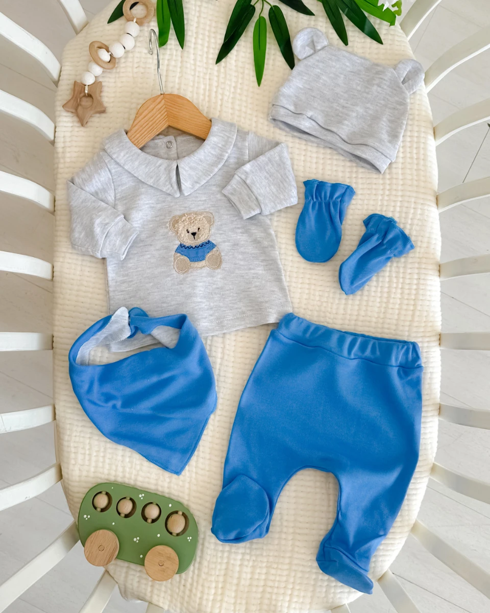 Bear toy nakış detaylı erkek yenidoğan hastane çıkışı