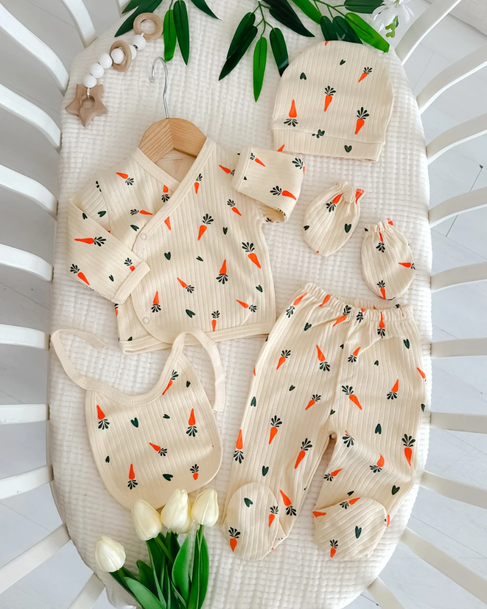 Havuç desen unisex 5li yenidoğan hastane çıkışı