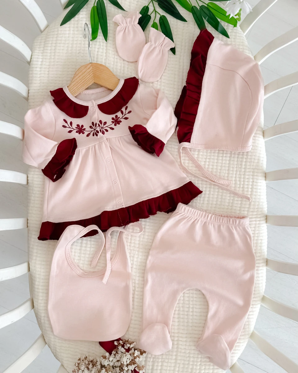 Hira çiçek nakışlı premium yenidoğan kız hastane çıkışı