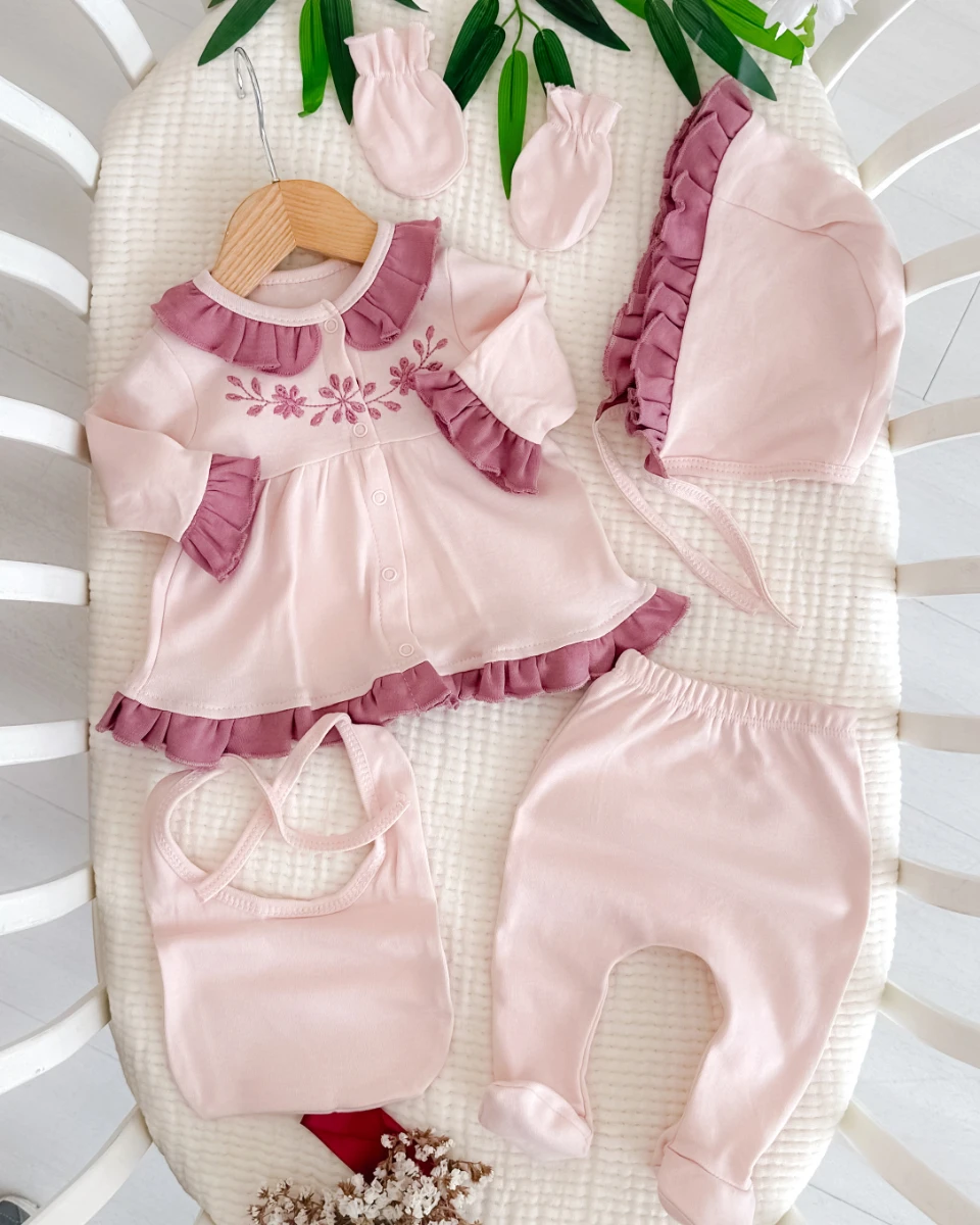 Hira çiçek nakışlı premium yenidoğan kız hastane çıkışı