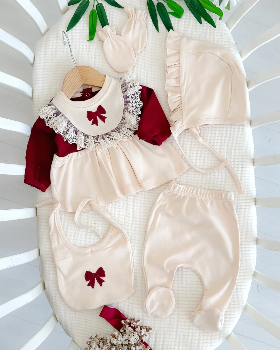 Hüma fiyonk güpür detaylı premium yenidoğan 5li hastane çıkışı