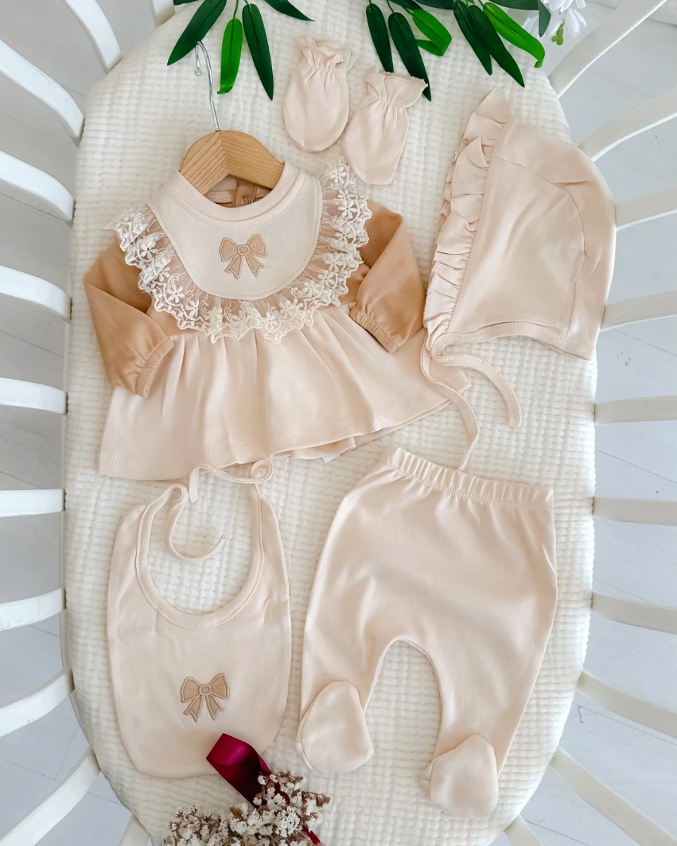 Hüma fiyonk güpür detaylı premium yenidoğan 5li hastane çıkışı