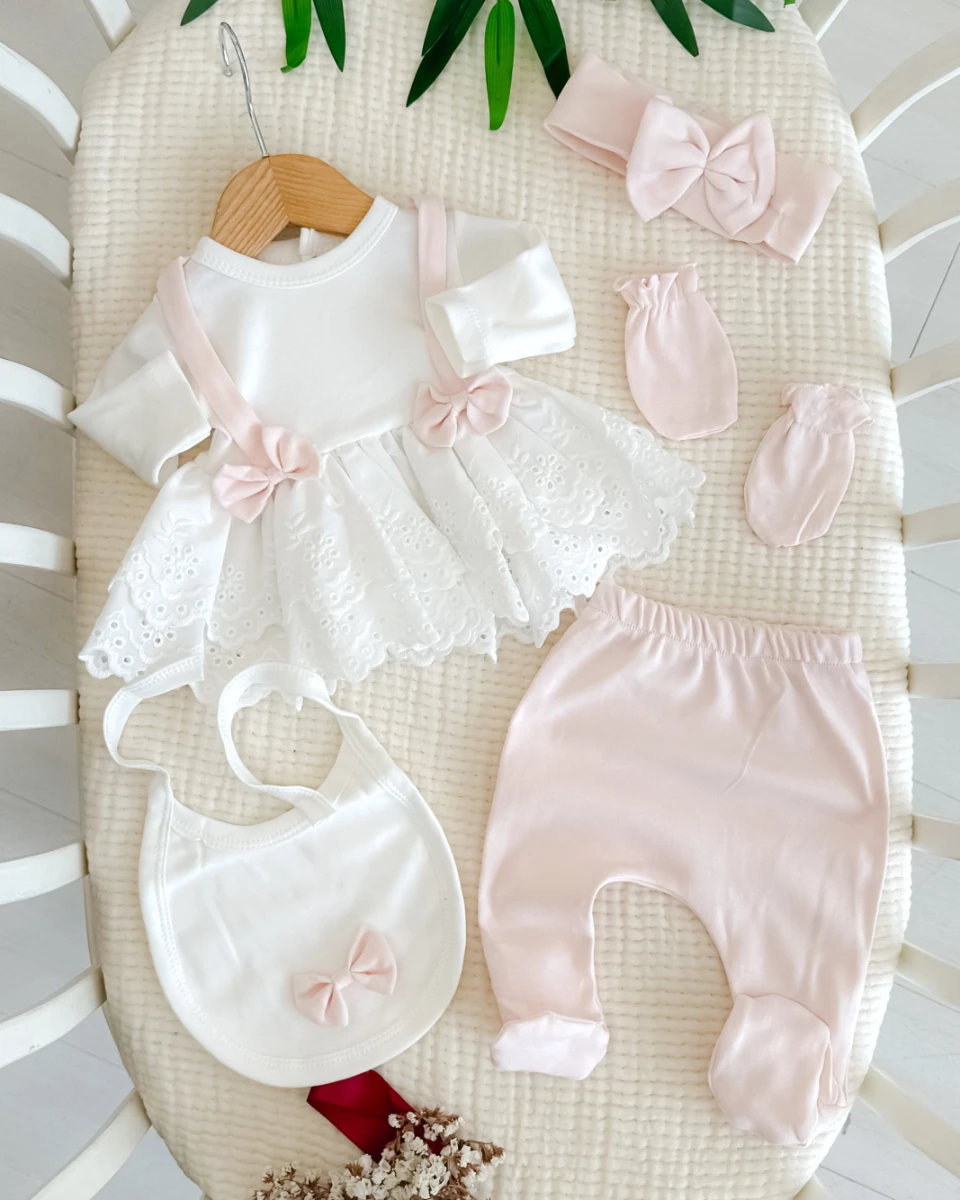 Mina çift fiyonk detay premium yenidoğan 5li hastane çıkışı