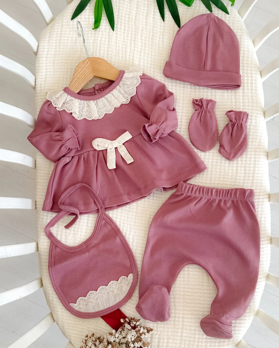 Umay güpür şık fiyonk  premium yenidoğan kız 5li hastane çıkışı