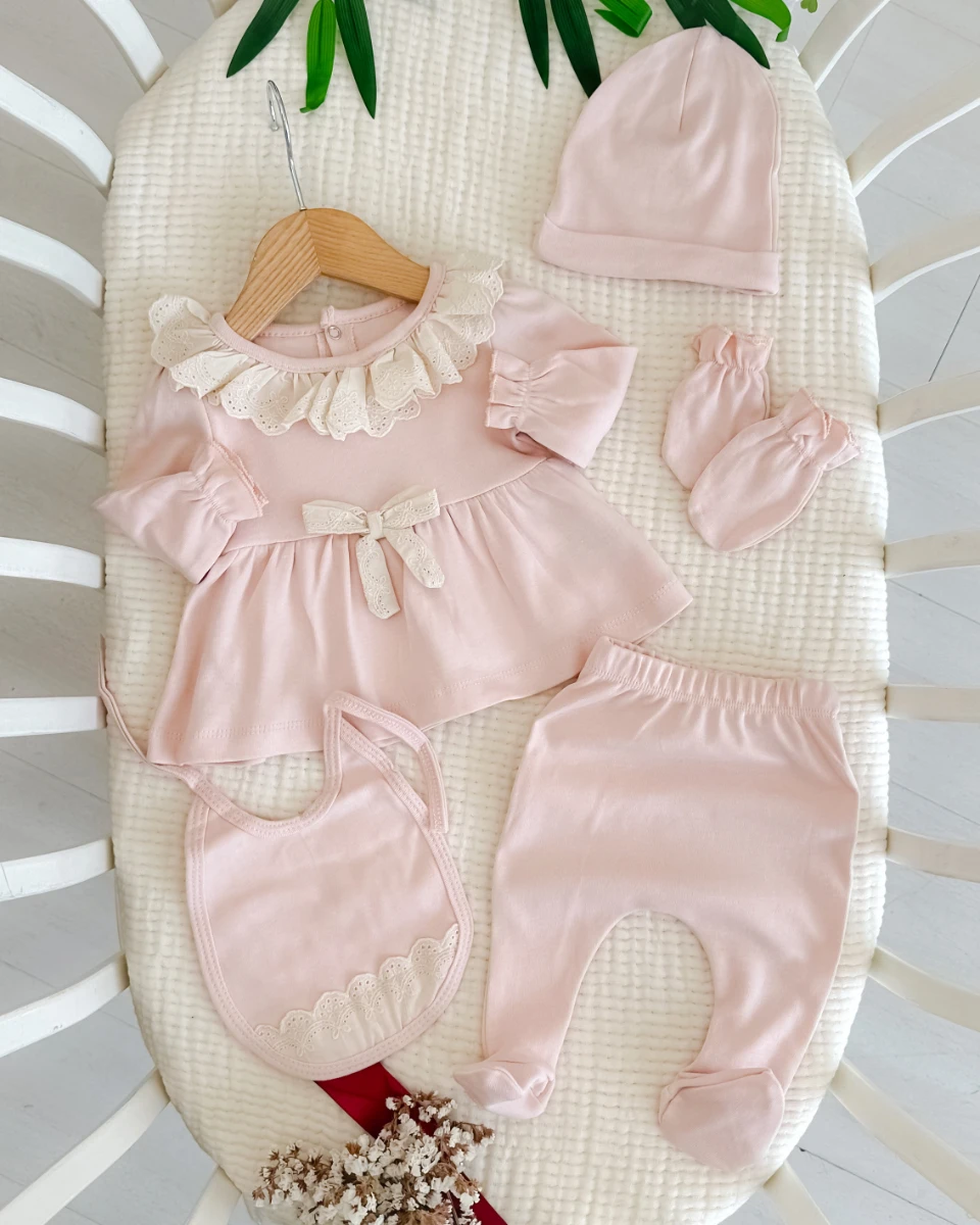 Umay güpür şık fiyonk  premium yenidoğan kız 5li hastane çıkışı