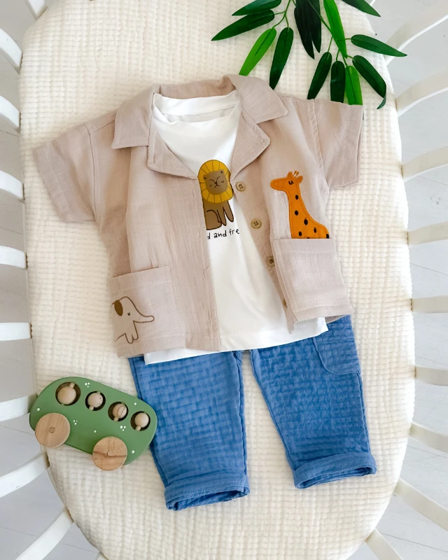 Aslan fil zürafa gömlekli yazlık 3lü erkek bebe takım