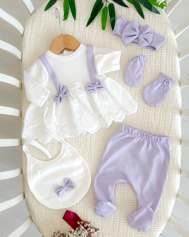 Mina çift fiyonk detay premium yenidoğan 5li hastane çıkışı