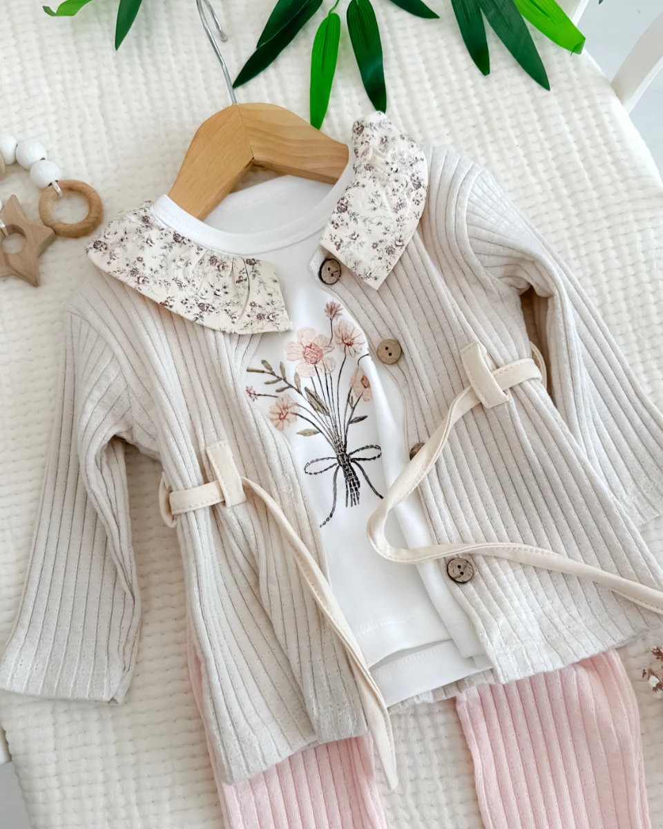 Çiçek buketi belden bağlamalı 3lü kız bayramlık takım