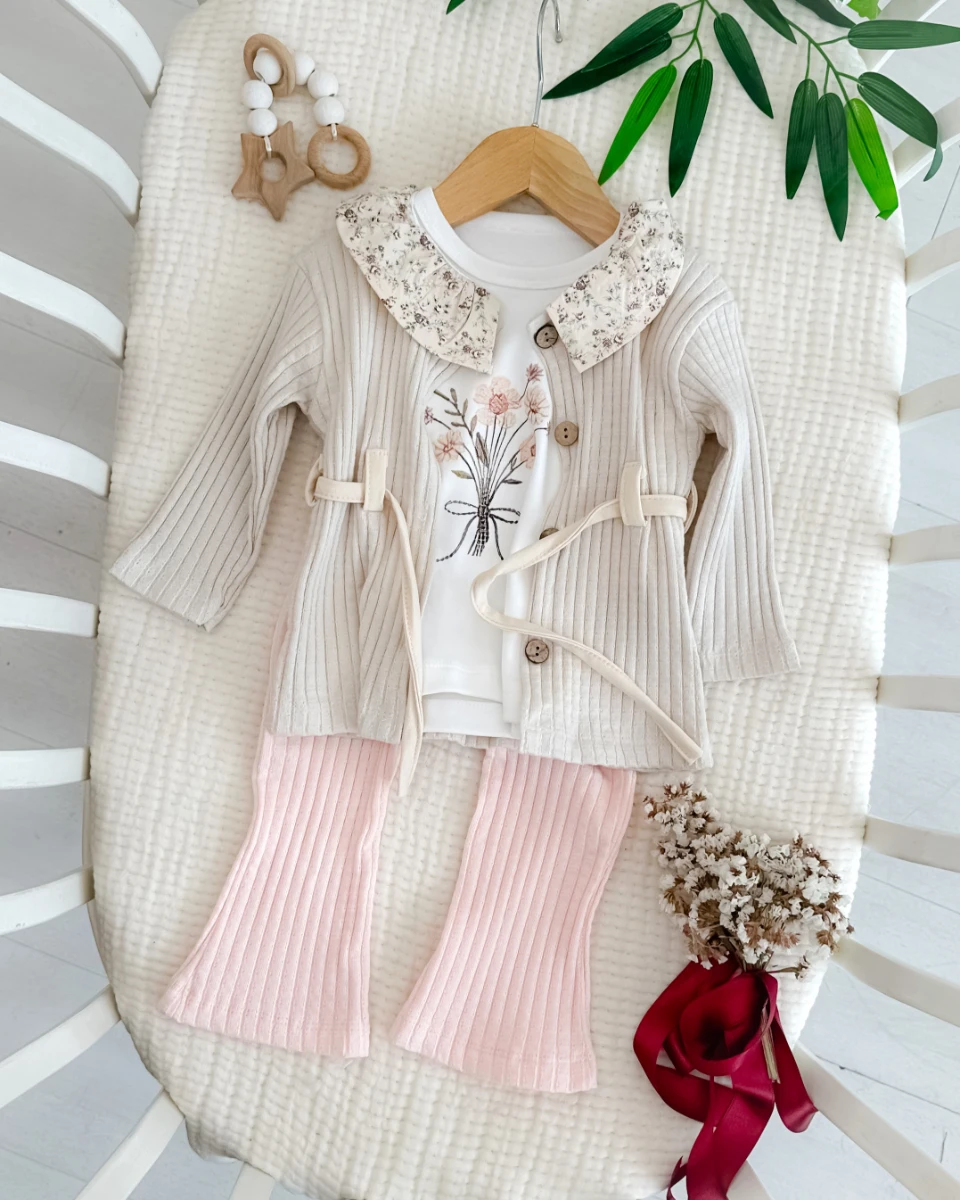 Çiçek buketi belden bağlamalı 3lü kız bayramlık takım