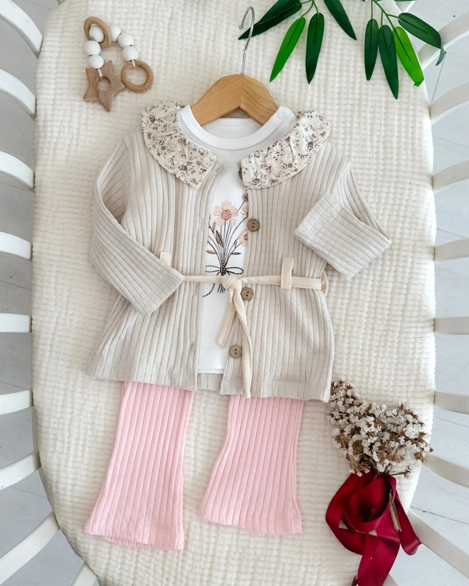 Çiçek buketi belden bağlamalı 3lü kız bayramlık takım