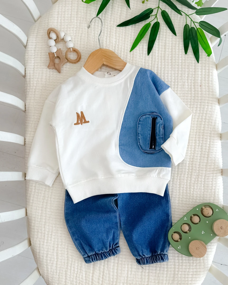 Çift  renk cep detaylı tarz erkek bebe takım