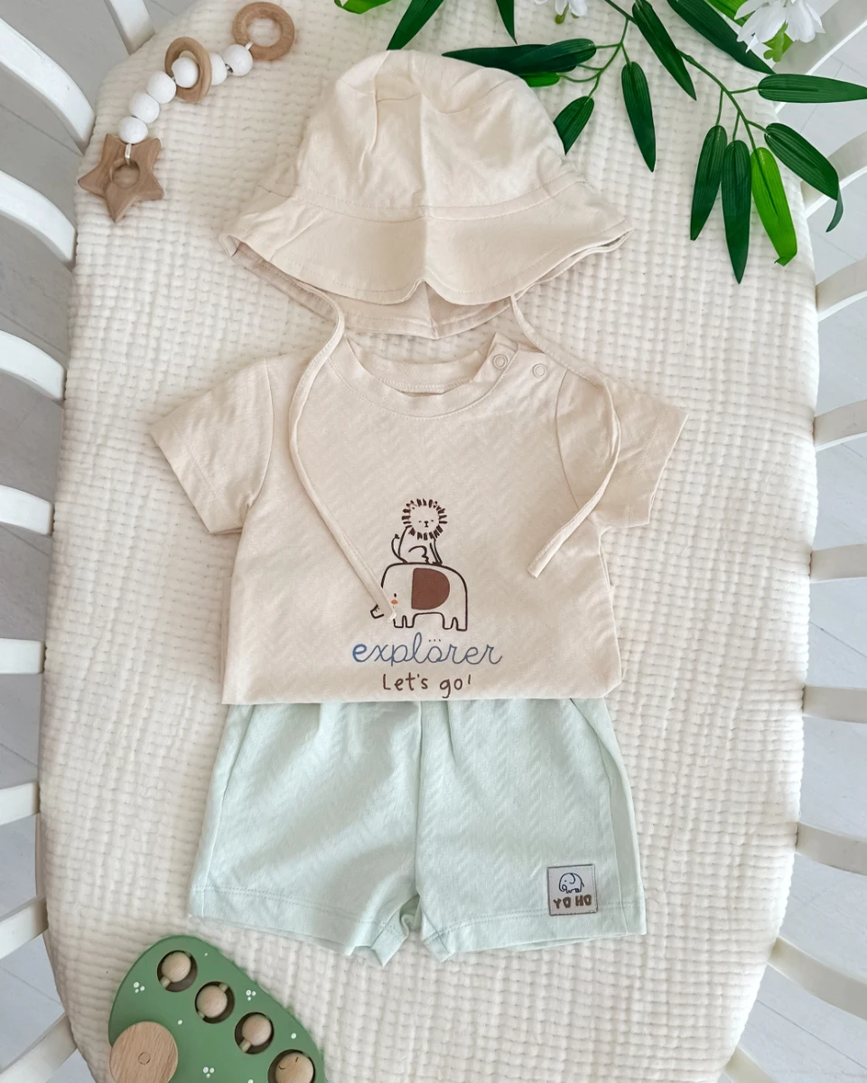 Fil aslan baskılı fötr şapkalı yazlık 3lü erkek bebe takım