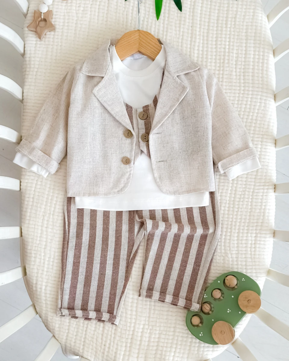 Keten ceket çizgili pantolon yelekli bayramlık 4lü bebe takım 