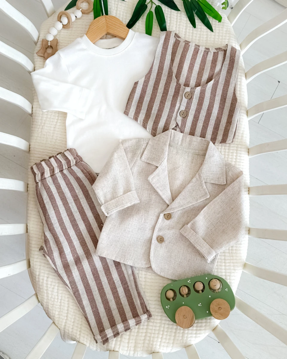 Keten ceket çizgili pantolon yelekli bayramlık 4lü bebe takım 
