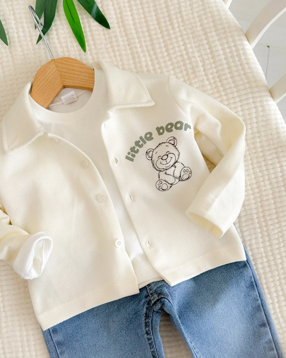 Little bear ceket yaka gömlekli kot pantolonlu bayramlık bebe takım