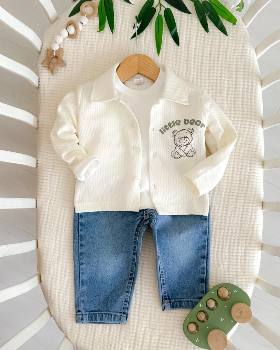 Little bear ceket yaka gömlekli kot pantolonlu bayramlık bebe takım