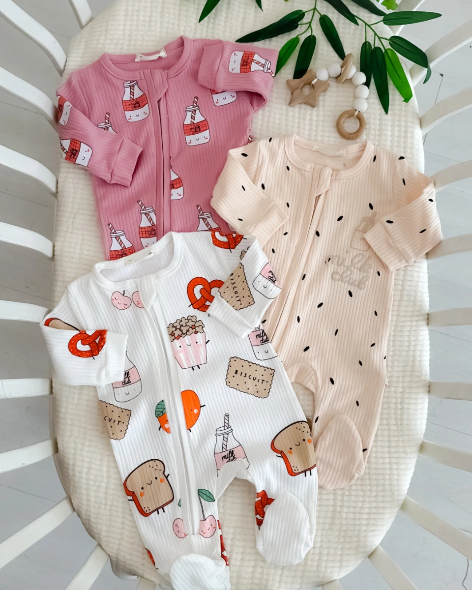 Milk clup boydan fermuarlı 3lü kız bebe tulum set