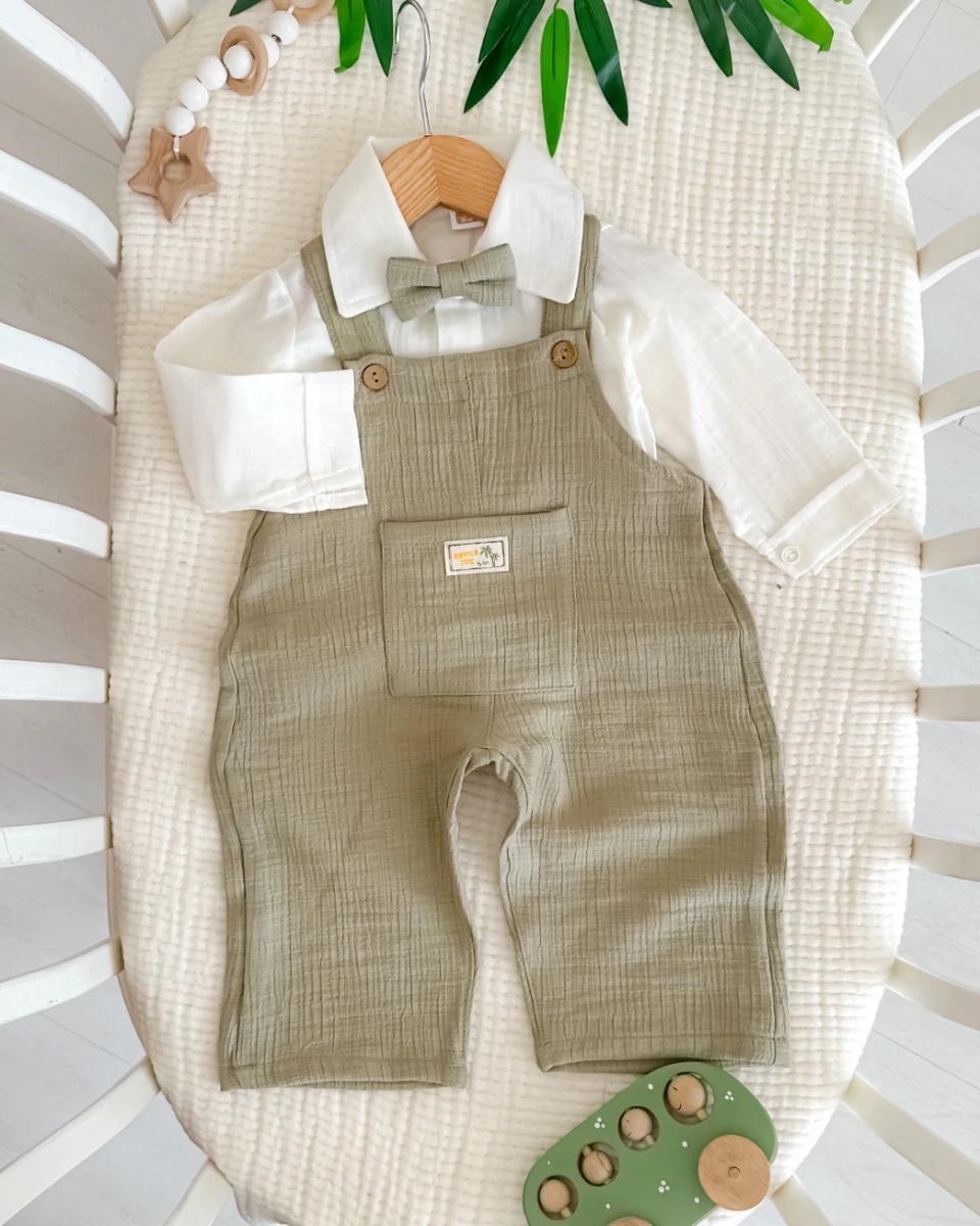 Müslin gömlek papyonlu müslin salopetli bayramlık erkek bebe takım