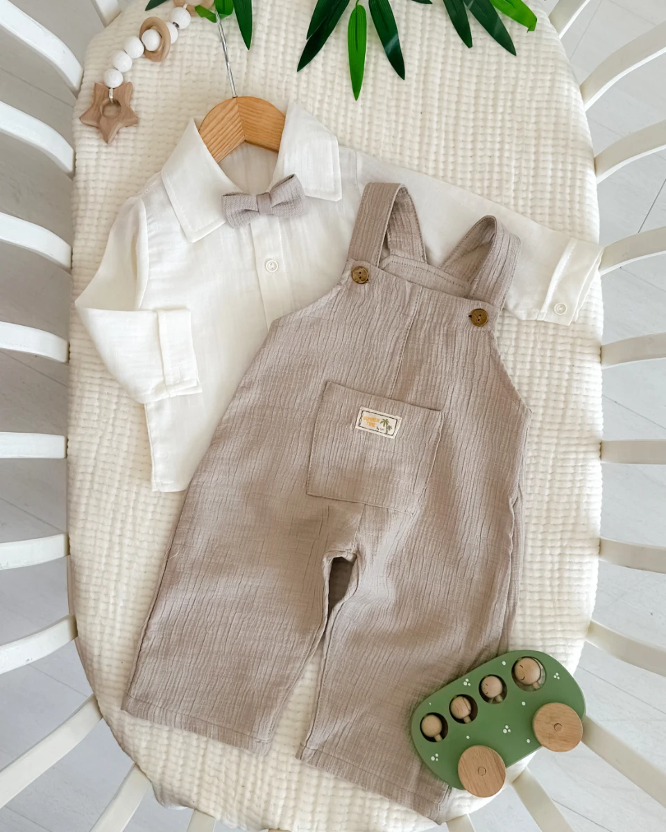 Müslin gömlek papyonlu müslin salopetli bayramlık erkek bebe takım