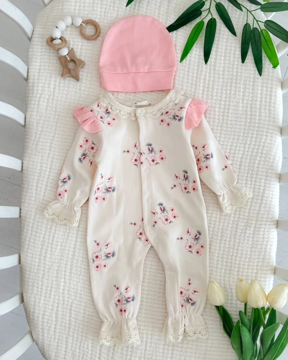 Pıtırcık çiçek desen güpür detaylı kız bebe tulum