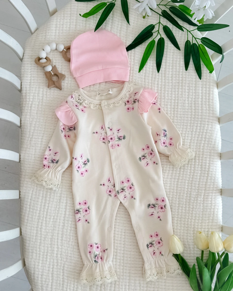 Pıtırcık çiçek desen güpür detaylı kız bebe tulum