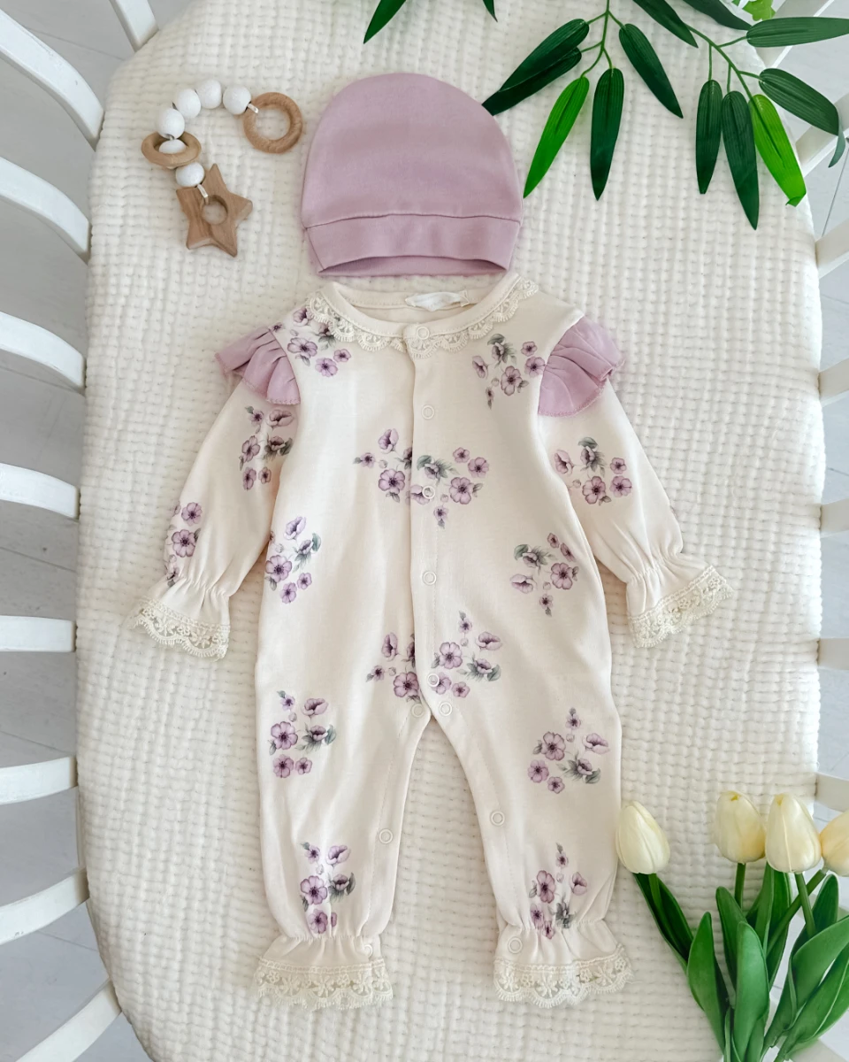 Pıtırcık çiçek desen güpür detaylı kız bebe tulum