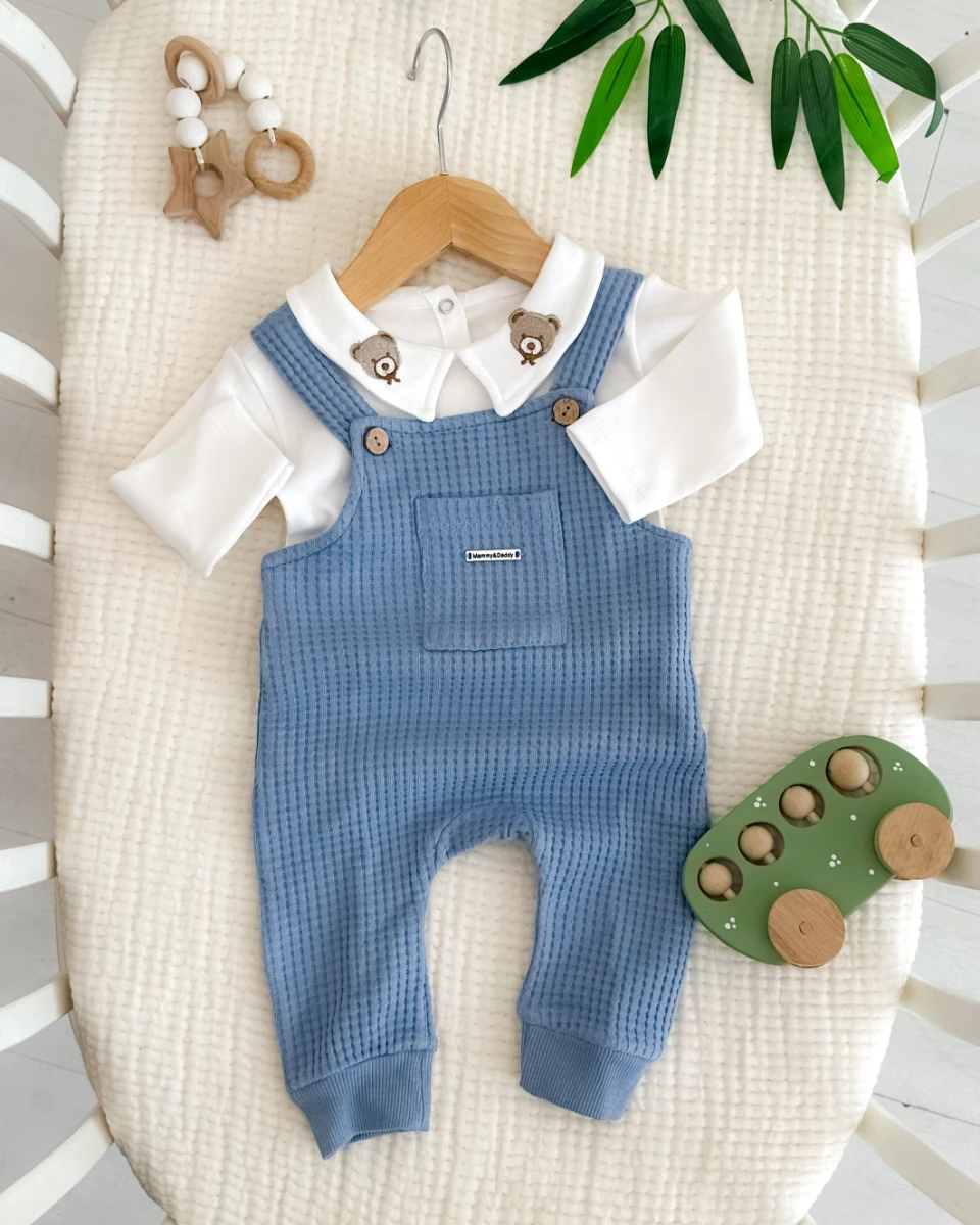 Yakada ayıcık nakış detaylı waffle salopetli 2li takım