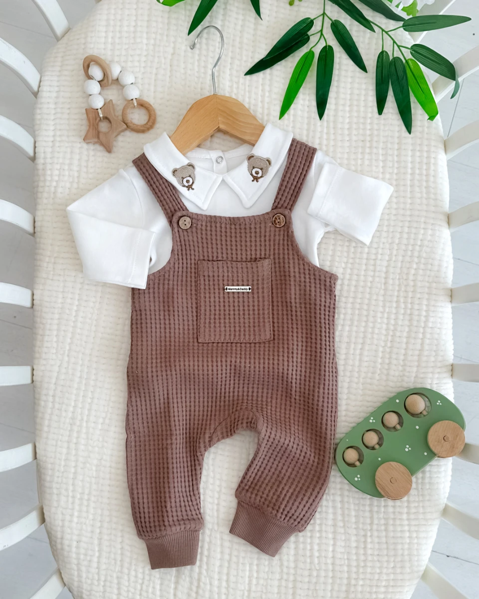 Yakada ayıcık nakış detaylı waffle salopetli 2li takım