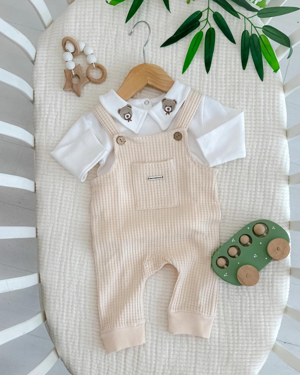 Yakada ayıcık nakış detaylı waffle salopetli 2li takım