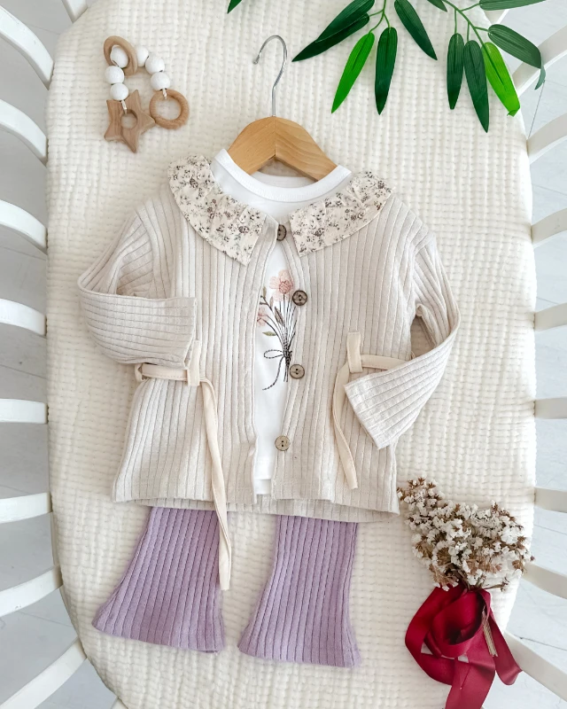 Çiçek buketi belden bağlamalı 3lü kız bayramlık takım