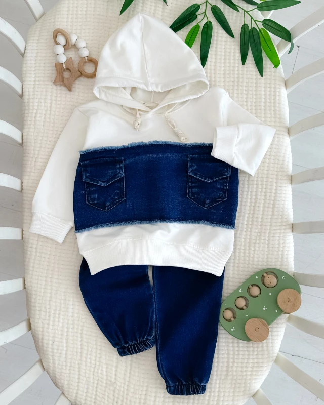 Çift cep detaylı kapüşonlu erkek bebe takım