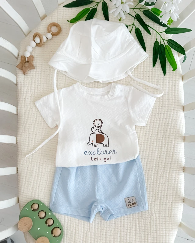 Fil aslan baskılı fötr şapkalı yazlık 3lü erkek bebe takım