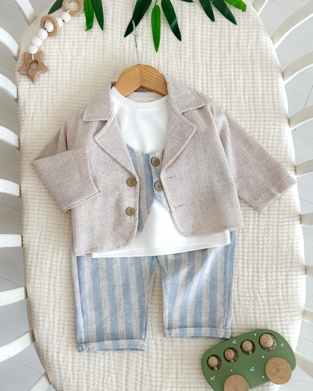 Keten ceket çizgili pantolon yelekli bayramlık 4lü bebe takım 