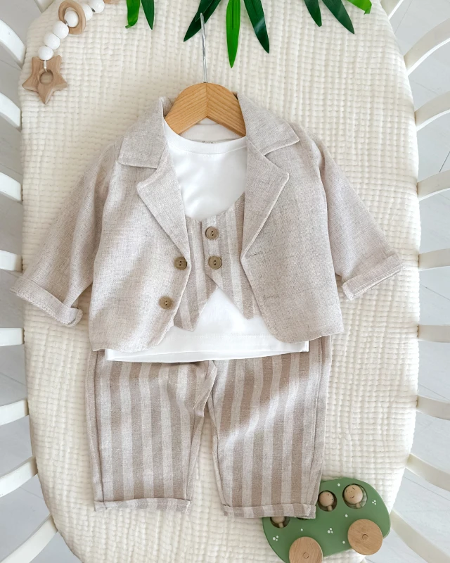 Keten ceket çizgili pantolon yelekli bayramlık 4lü bebe takım 