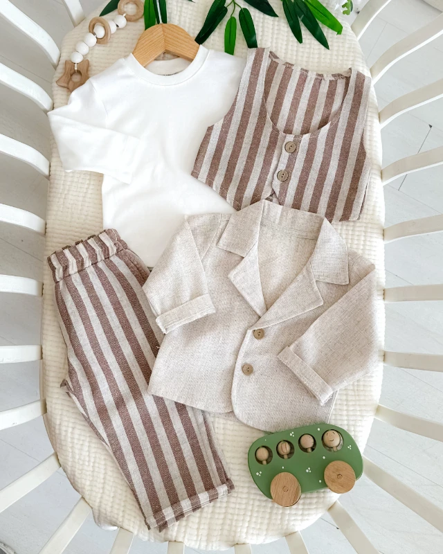 Keten ceket çizgili pantolon yelekli bayramlık 4lü bebe takım 