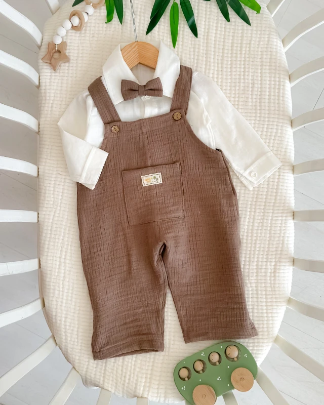 Müslin gömlek papyonlu müslin salopetli bayramlık erkek bebe takım