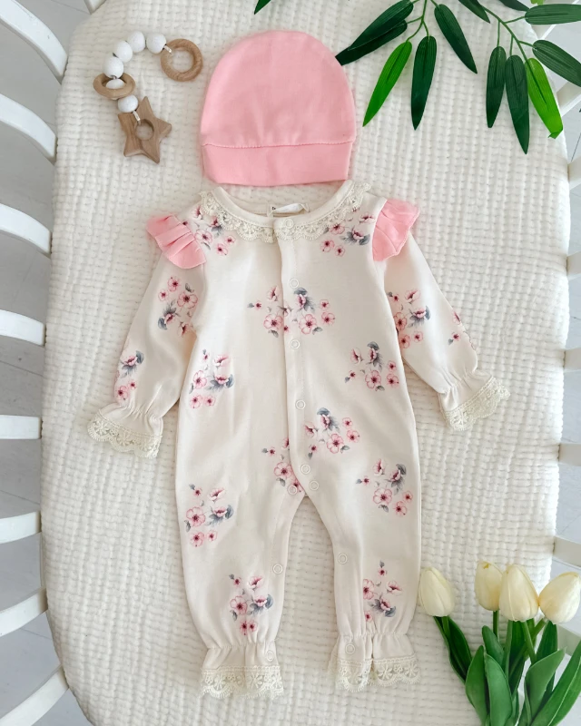 Pıtırcık çiçek desen güpür detaylı kız bebe tulum
