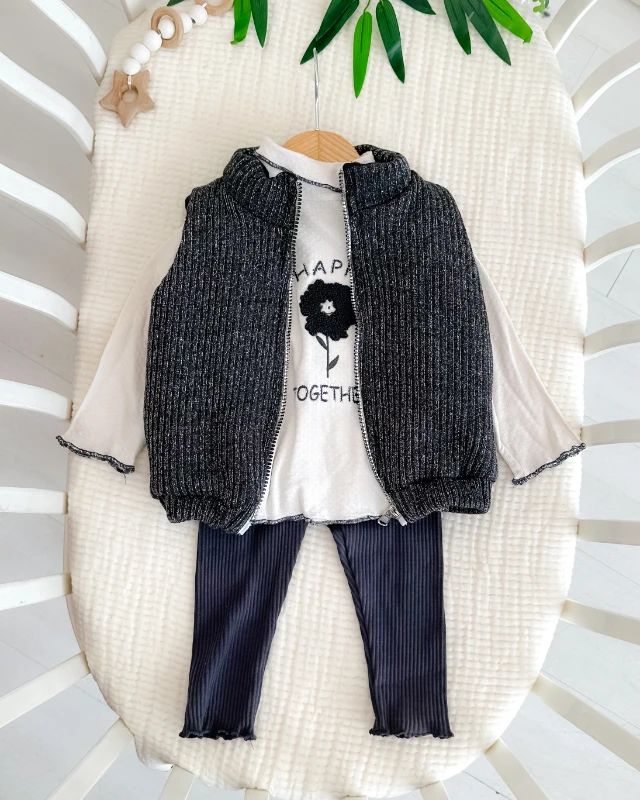 Simli şişme yelekli 3lü kız bebe takım