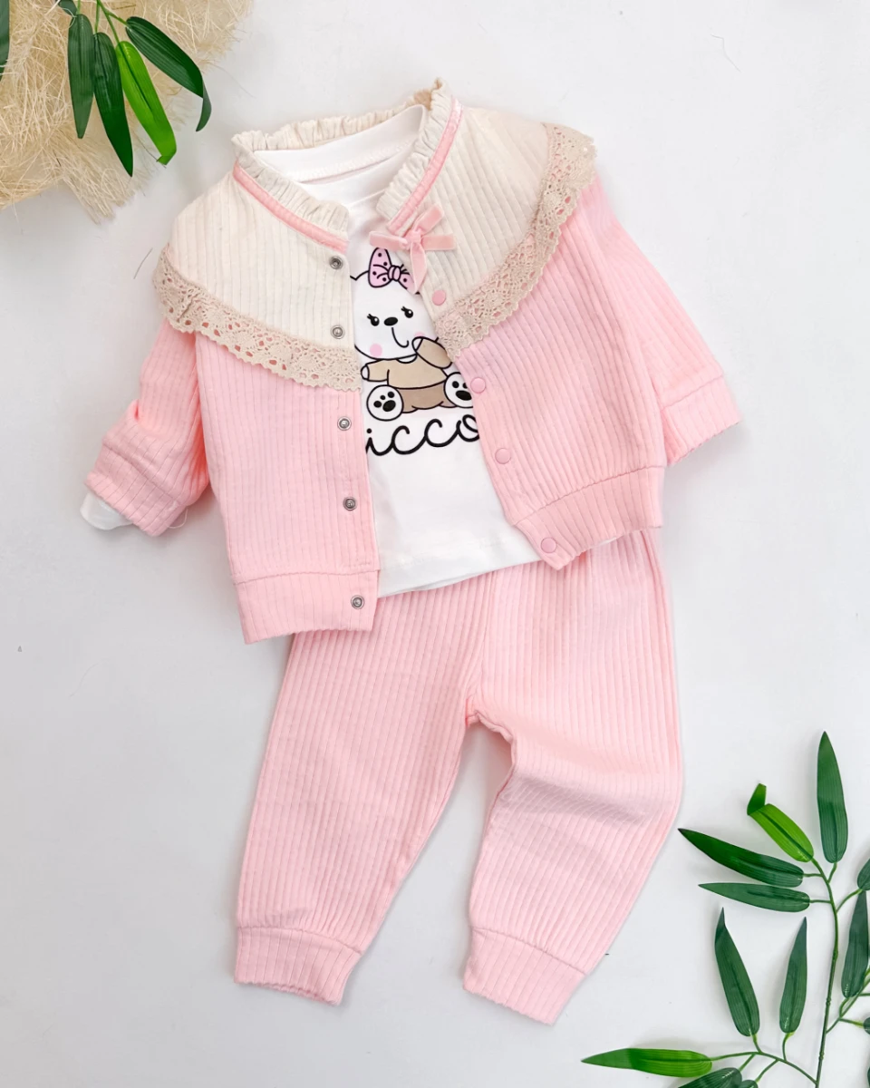 Fisto fiyonk detaylı hırkalı 3lü kız bebe takım