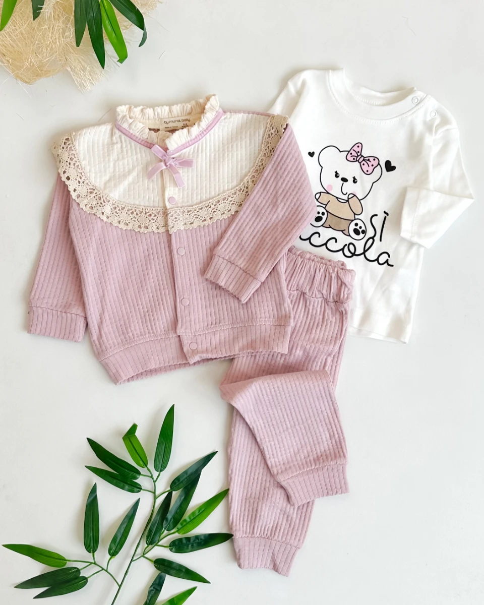 Fisto fiyonk detaylı hırkalı 3lü kız bebe takım 