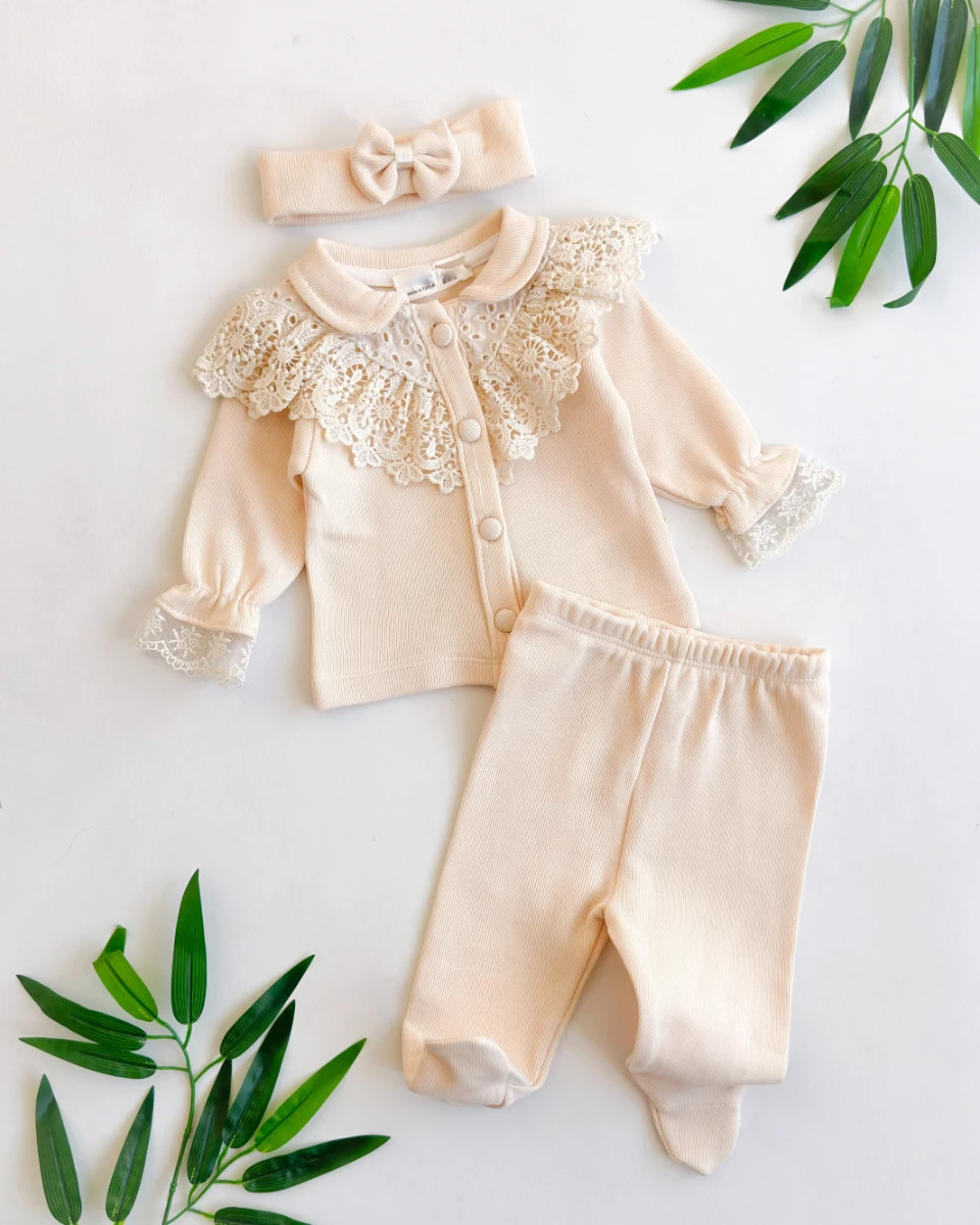 Fisto yakalı fiyonk bandanalı 3lü kız bebe takım