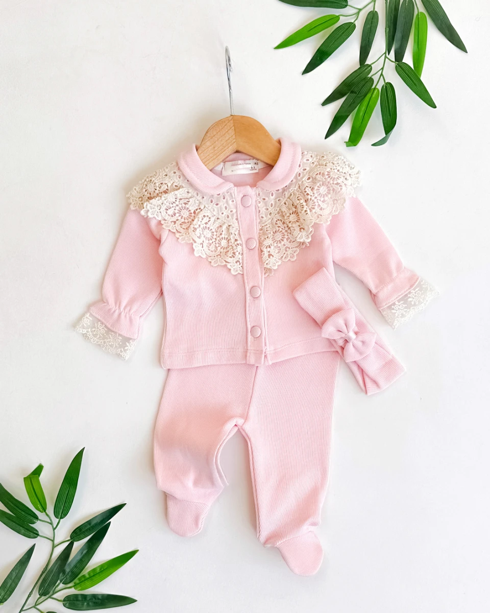 Fisto yakalı fiyonk bandanalı 3lü kız bebe takım