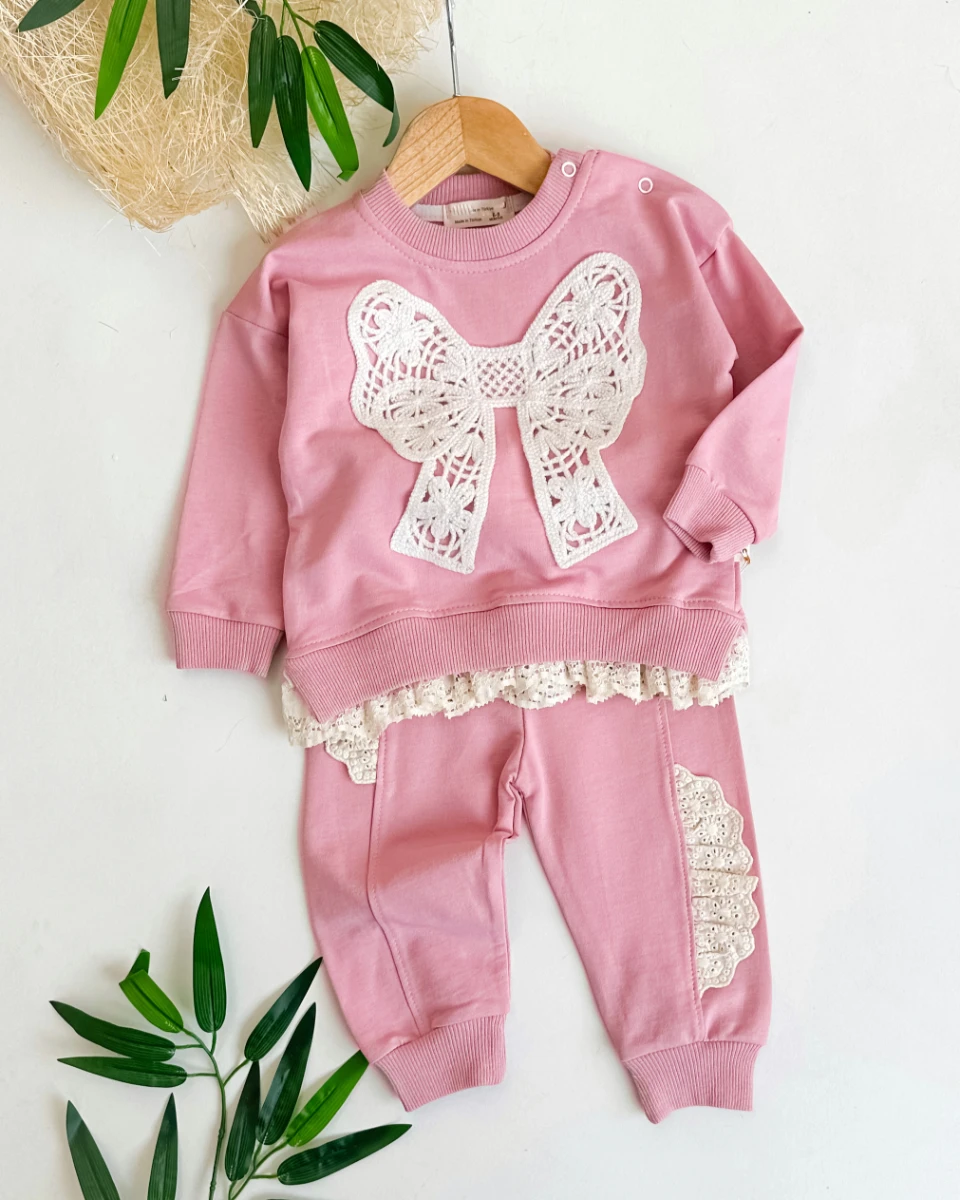 Fiyonk fırfır detaylı mevsimlik 2li kız bebe takım 